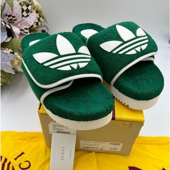 Men’s Gucci X Adidas, limited edition, pool slides, GG monogram size 11 Italy